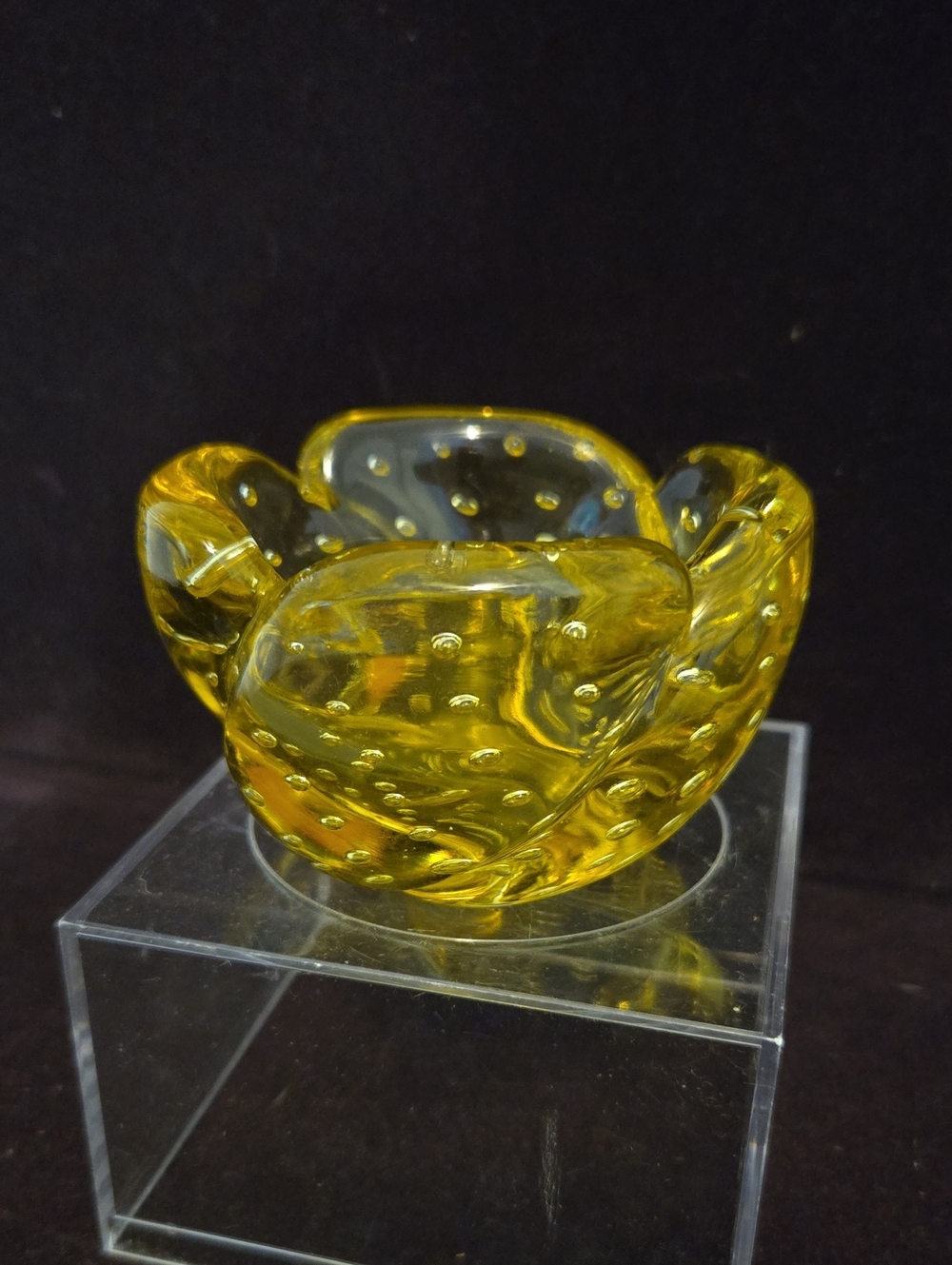 MCM Murano Art Glass Bowl Yellow Bullicante Controlled Bubble Ashtray Vintage